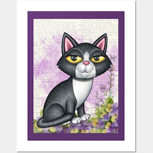 Fun black and white kitty cat with purplish flowers Posters and Art